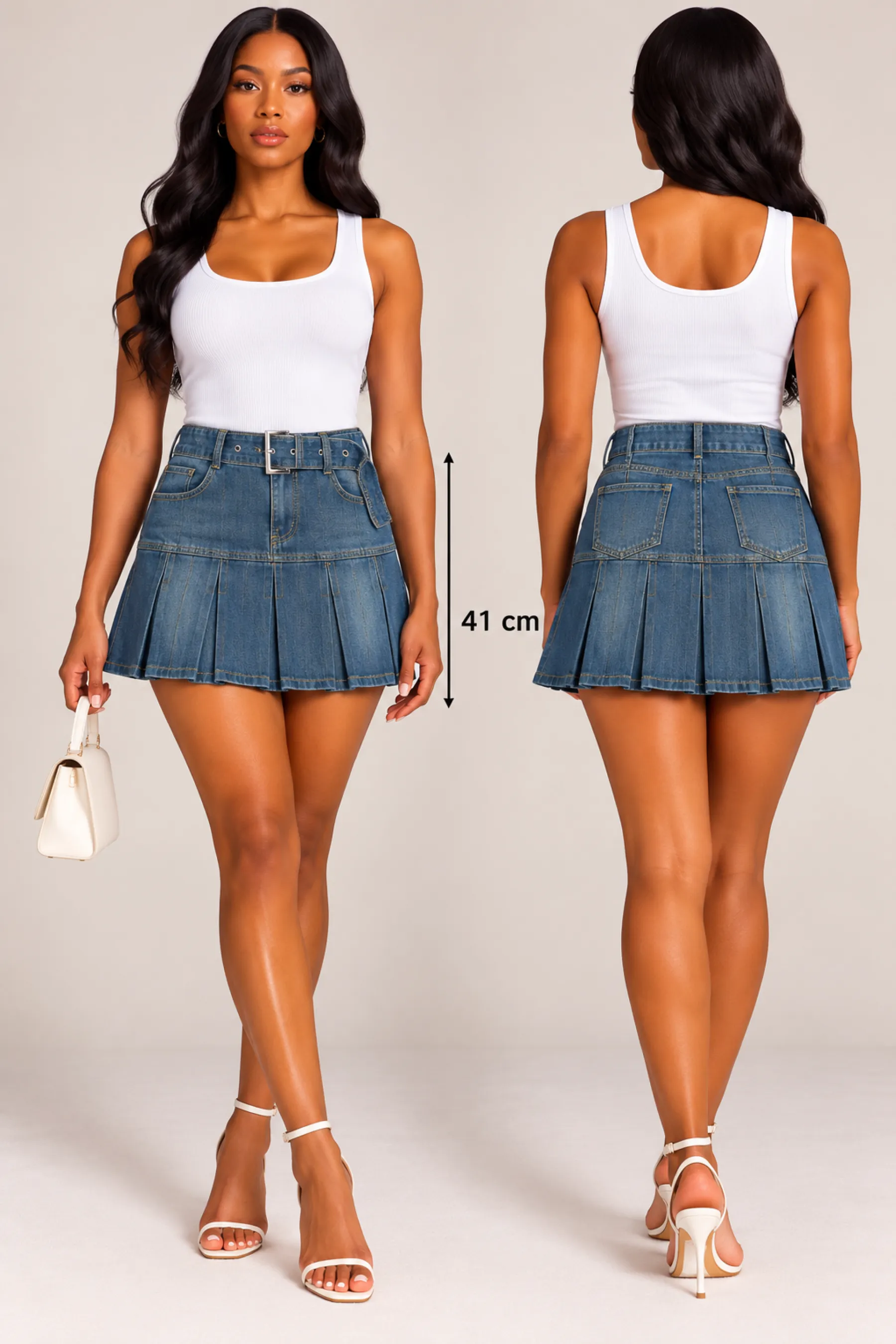 Mini jupe plissée en Jean avec ceinture — vue 2