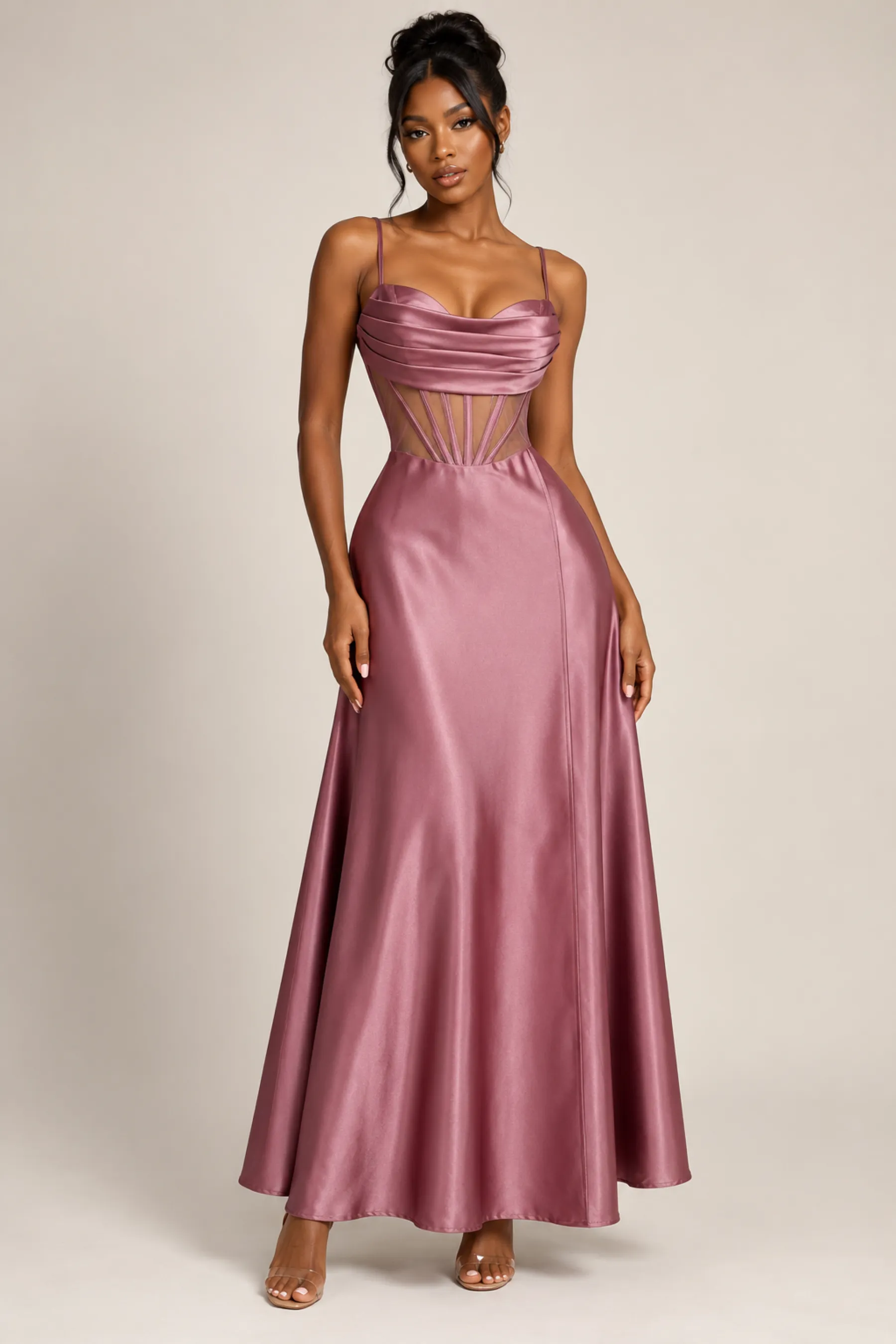 Robe de soirée  corsetée, en satin,à bustier drapé — vue 2